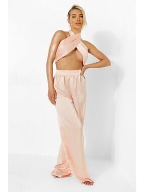 NWT Sz.2 Top & Sz.4 Pants BooHoo Satin Wide-Leg Resortwear Champagne Beach